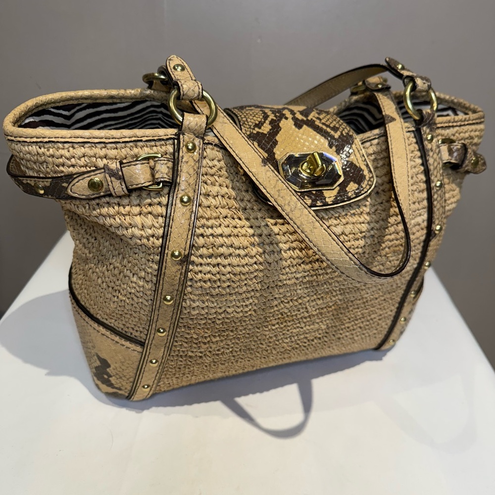 Coach Natalie Straw Bag with Python Trim Gold Stu… - image 1